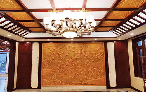 都匀中式别墅客厅中式木作横梁吊顶装饰展示